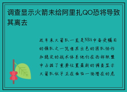 调查显示火箭未给阿里扎QO恐将导致其离去