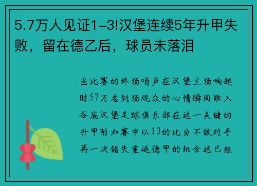 5.7万人见证1-3!汉堡连续5年升甲失败，留在德乙后，球员未落泪